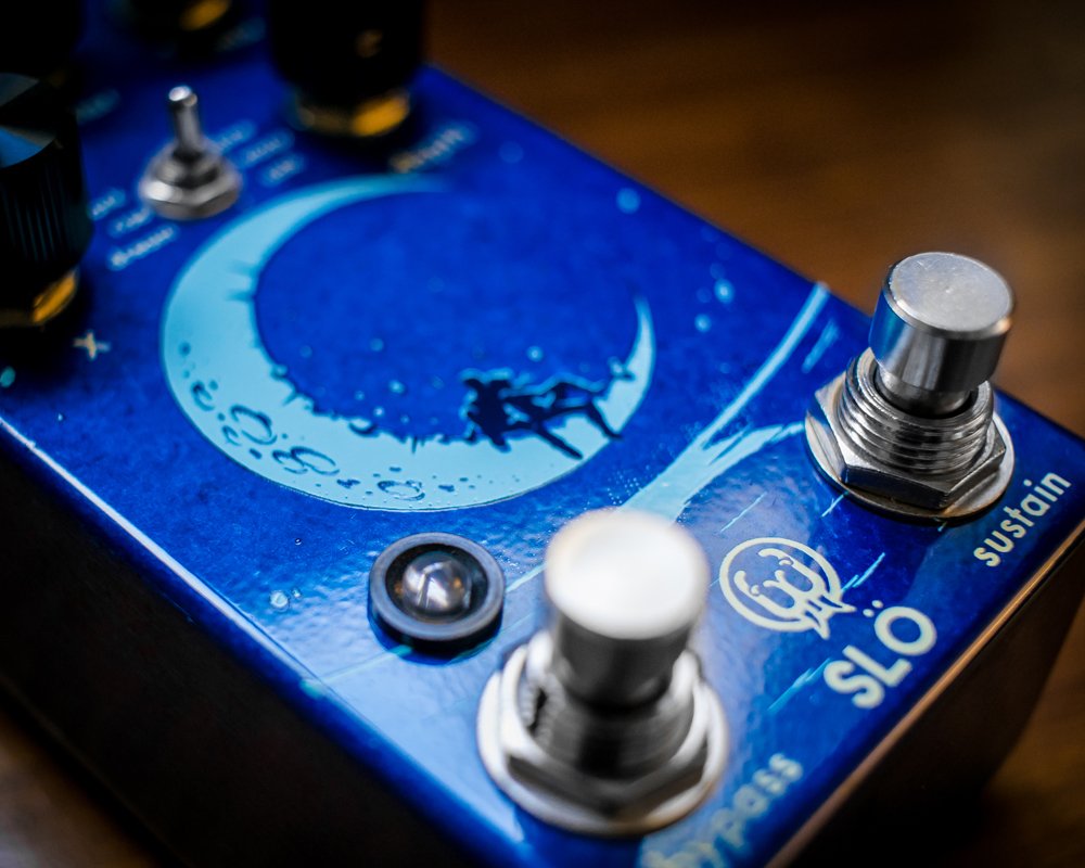 Close-up photograph of a guitar pedal